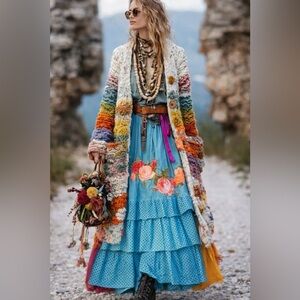 MP style Blue Floral Tiered Maxi Skirt